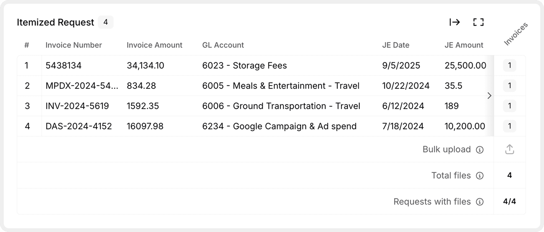 An itemized request split by document group on the client portal